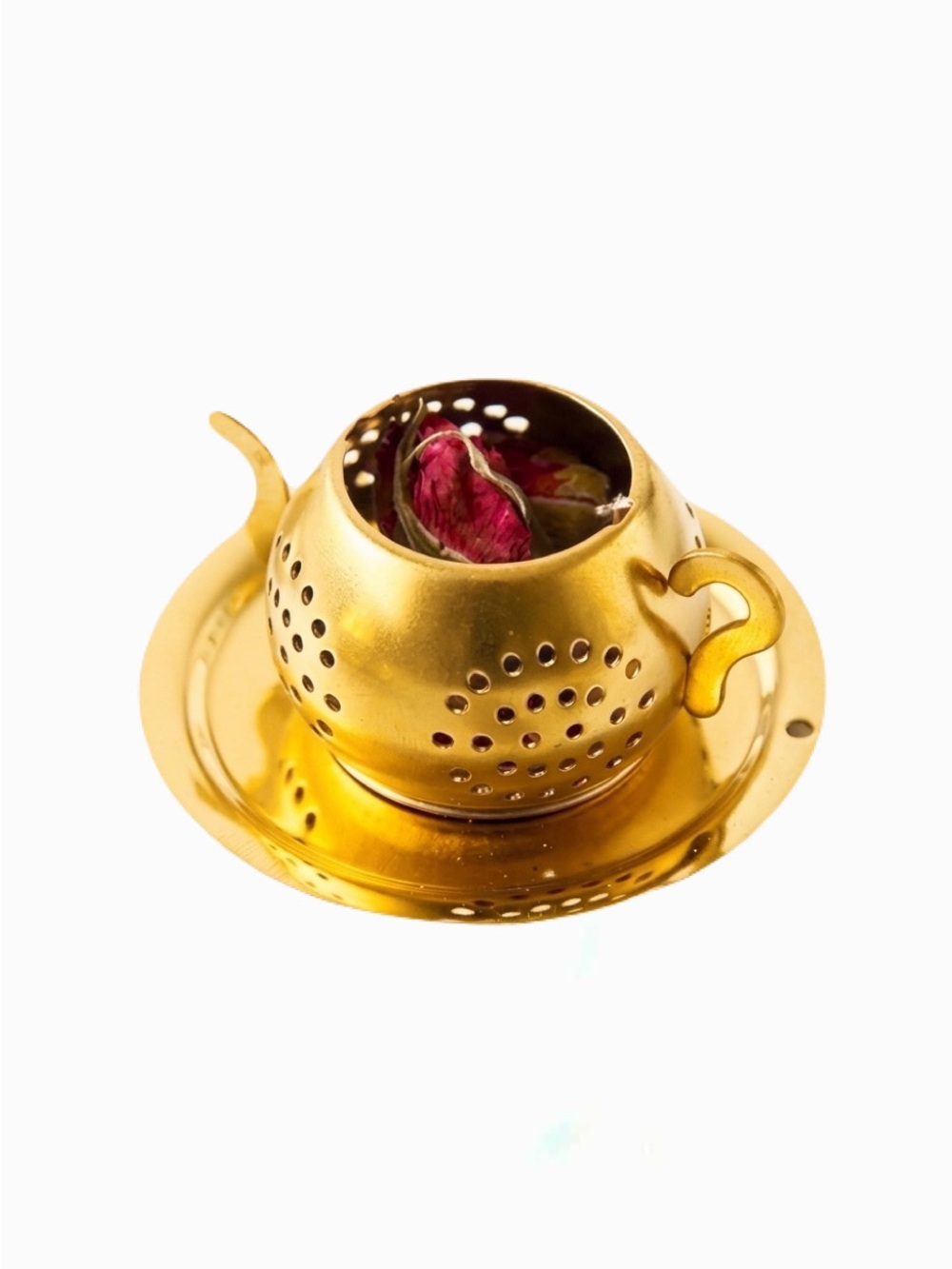 New Gold Stainless Steel Loose Leaf Tea Strainer Filter Chain Saucer Minimalist